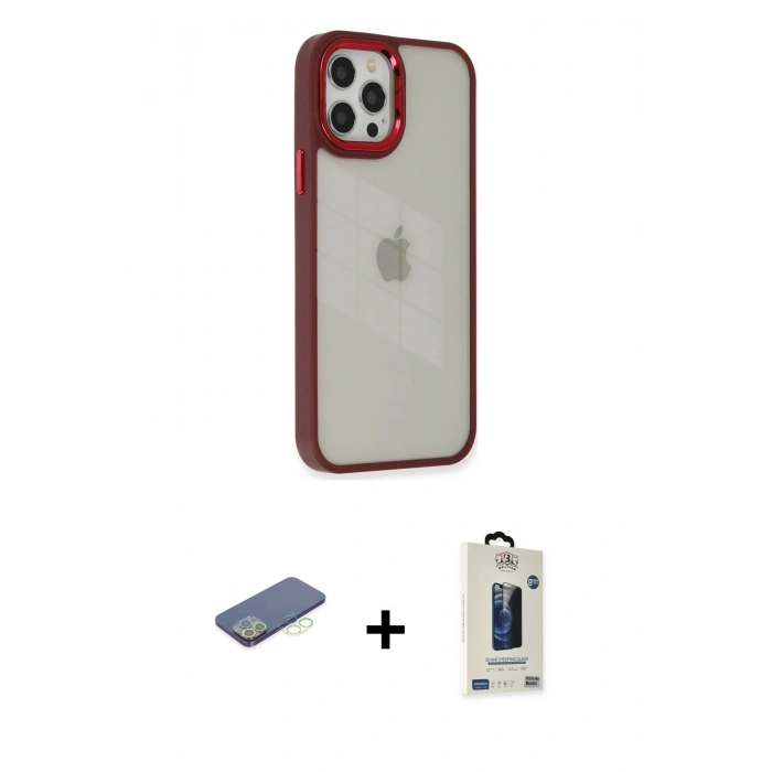 MARSİLYAN™- iPhone 12 Pro Max Kılıf Eksen Doku Prime - Siyah Bilvis Hayalet Cam Ekran Koruyucu + Renkli Kamera Lens Koruma Cam - YL