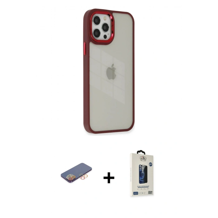 MARSİLYAN™- iPhone 12 Pro Max Kılıf Eksen Doku Prime - Siyah Bilvis Hayalet Cam Ekran Koruyucu + Renkli Kamera Lens Koruma Cam - TU