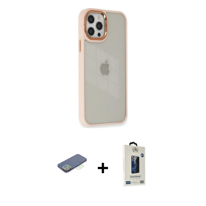 MARSİLYAN™- iPhone 12 Pro Max Kılıf Eksen Doku Prime - Siyah Bilvis Hayalet Cam Ekran Koruyucu + Renkli Kamera Lens Koruma Cam - YL