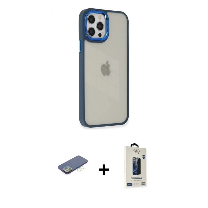 MARSİLYAN™- iPhone 12 Pro Max Kılıf Eksen Doku Prime - Siyah Bilvis Hayalet Cam Ekran Koruyucu + Renkli Kamera Lens Koruma Cam - YL