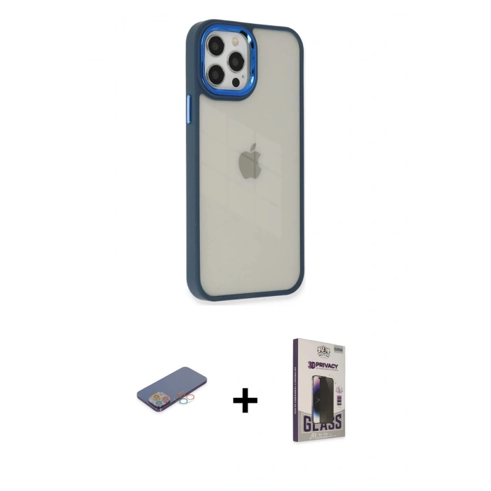 MARSİLYAN™- iPhone 12 Pro Max Kılıf Eksen Doku Prime - Siyah Bilvis Hayalet Cam Ekran Koruyucu + Renkli Kamera Lens Koruma Cam - PE