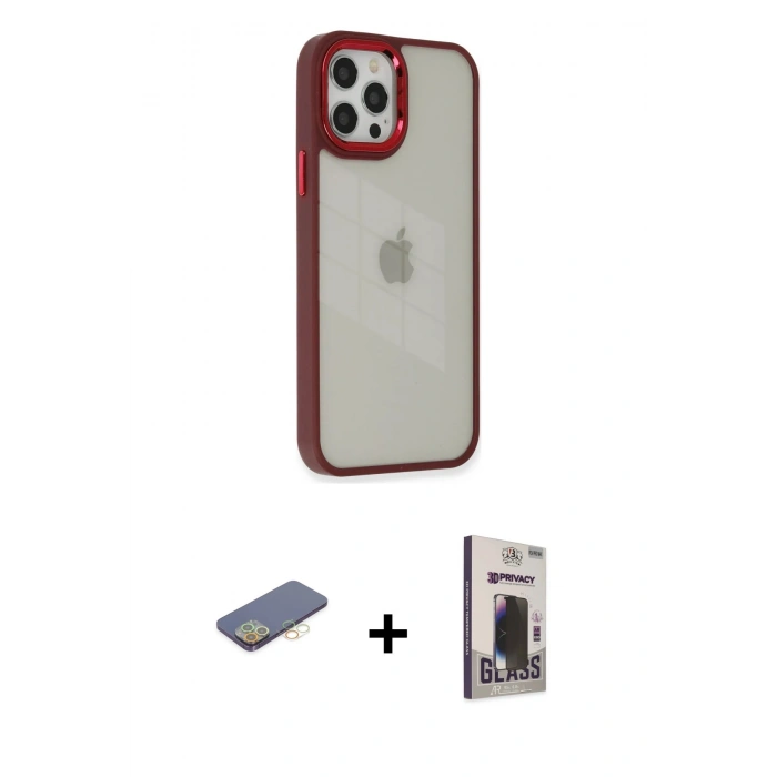 MARSİLYAN™- iPhone 12 Pro Max Kılıf Eksen Doku Prime - Siyah Bilvis Hayalet Cam Ekran Koruyucu + Renkli Kamera Lens Koruma Cam - SI
