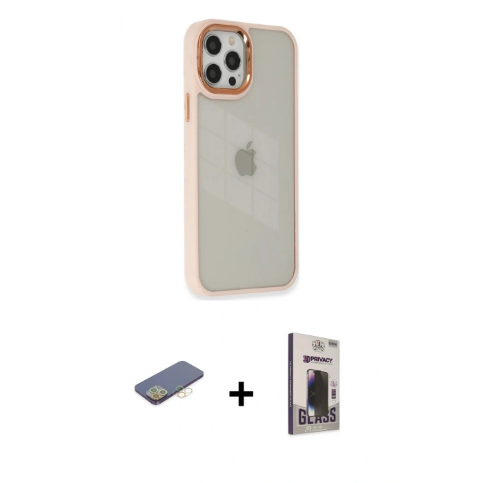 MARSİLYAN™- iPhone 12 Pro Max Kılıf Eksen Doku Prime - Siyah Bilvis Hayalet Cam Ekran Koruyucu + Renkli Kamera Lens Koruma Cam - SI