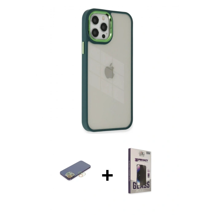 MARSİLYAN™- iPhone 12 Pro Max Kılıf Eksen Doku Prime - Siyah Bilvis Hayalet Cam Ekran Koruyucu + Renkli Kamera Lens Koruma Cam - SI