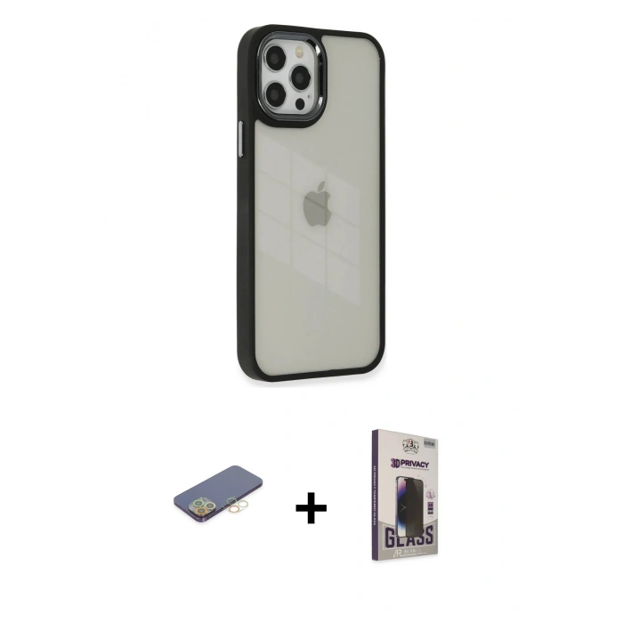 MARSİLYAN™- iPhone 12 Pro Max Kılıf Eksen Doku Prime - Siyah Bilvis Hayalet Cam Ekran Koruyucu + Renkli Kamera Lens Koruma Cam - SI