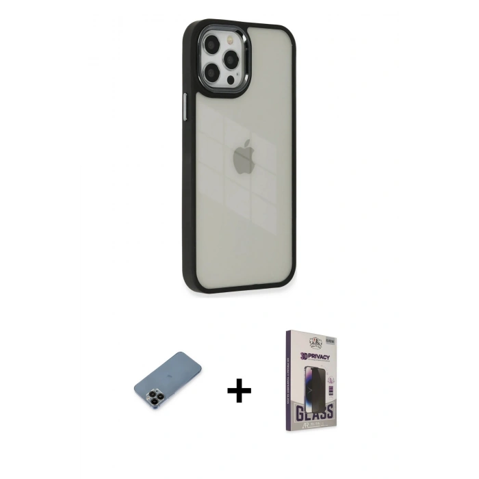 MARSİLYAN™- iPhone 12 Pro Max Kılıf Eksen Doku Prime - Siyah Bilvis Hayalet Cam Ekran Koruyucu + Shine Kamera Lens Koruma Cam - SH