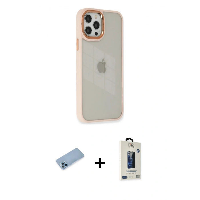 MARSİLYAN™- iPhone 12 Pro Max Kılıf Eksen Doku Prime - Siyah Bilvis Hayalet Cam Ekran Koruyucu + Shine Kamera Lens Koruma Cam - MI