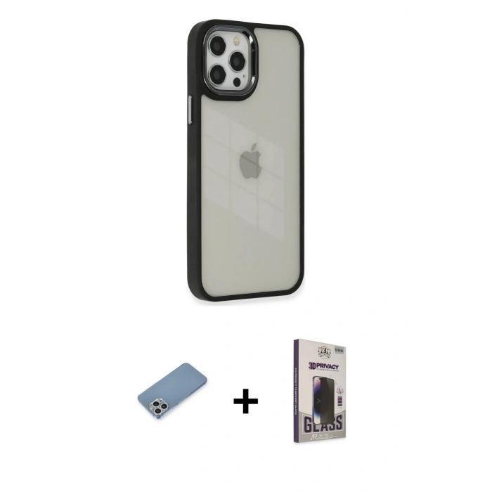 MARSİLYAN™- iPhone 12 Pro Max Kılıf Eksen Doku Prime - Siyah Bilvis Hayalet Cam Ekran Koruyucu + Shine Kamera Lens Koruma Cam - GS