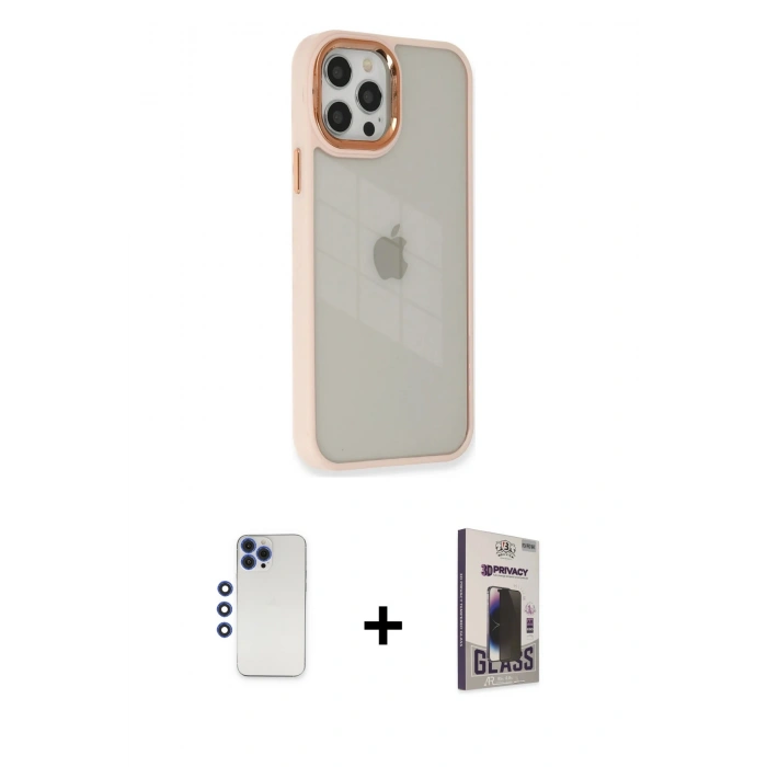 MARSİLYAN™- iPhone 12 Pro Max Kılıf Eksen Doku Prime - Siyah Bilvis Hayalet Cam Ekran Koruyucu + Shine Kamera Lens - LT
