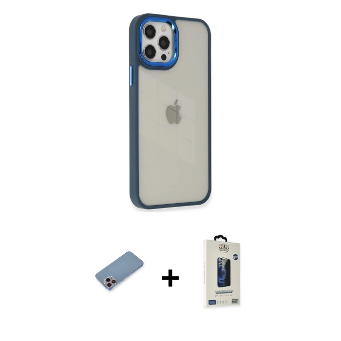 MARSİLYAN™- iPhone 12 Pro Max Kılıf Eksen Doku Prime - Siyah Bilvis Hayalet Cam Ekran Koruyucu + Shine Kamera Lens Koruma Cam - PE