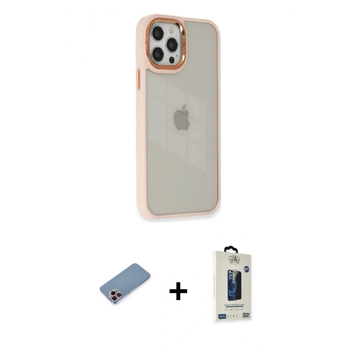 MARSİLYAN™- iPhone 12 Pro Max Kılıf Eksen Doku Prime - Siyah Bilvis Hayalet Cam Ekran Koruyucu + Shine Kamera Lens Koruma Cam - PE