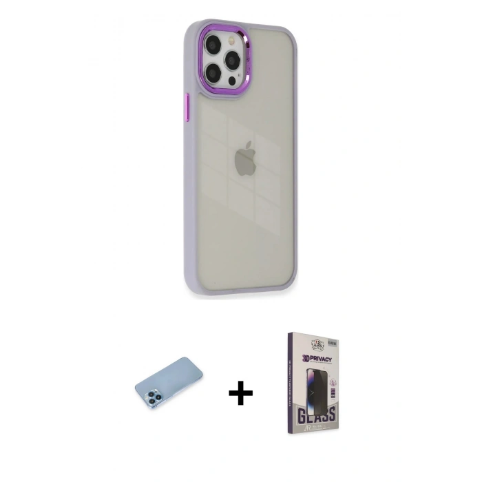 MARSİLYAN™- iPhone 12 Pro Max Kılıf Eksen Doku Prime - Siyah Bilvis Hayalet Cam Ekran Koruyucu + Shine Kamera Lens Koruma Cam - MI