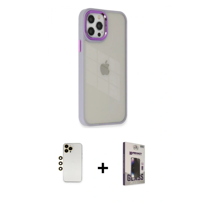 MARSİLYAN™- iPhone 12 Pro Max Kılıf Eksen Doku Prime - Siyah Bilvis Hayalet Cam Ekran Koruyucu + Shine Kamera Lens - GD