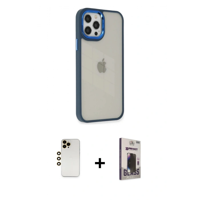 MARSİLYAN™- iPhone 12 Pro Max Kılıf Eksen Doku Prime - Siyah Bilvis Hayalet Cam Ekran Koruyucu + Shine Kamera Lens - GD