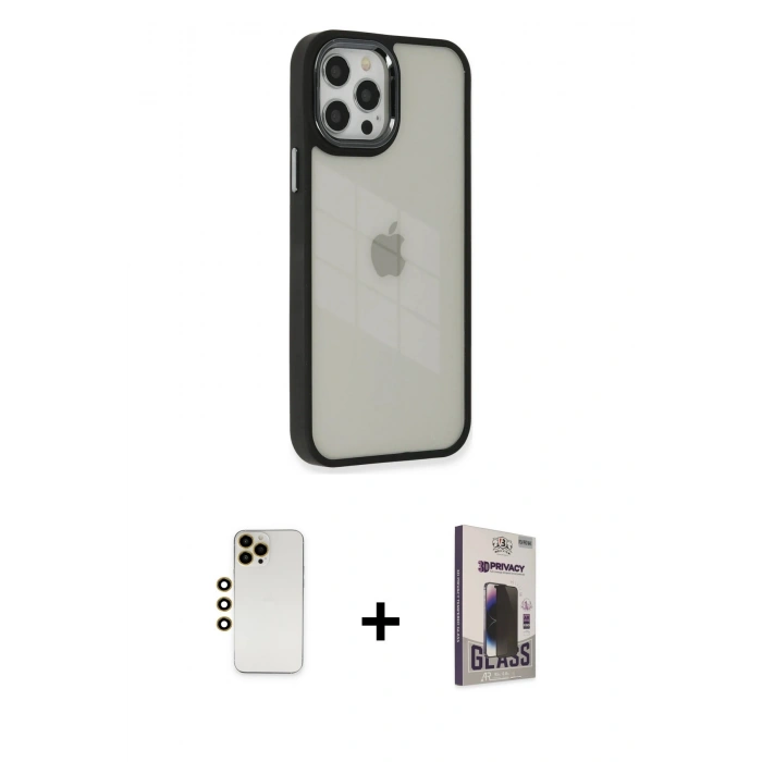 MARSİLYAN™- iPhone 12 Pro Max Kılıf Eksen Doku Prime - Siyah Bilvis Hayalet Cam Ekran Koruyucu + Shine Kamera Lens - GD