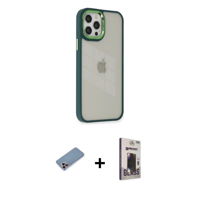 MARSİLYAN™- iPhone 12 Pro Max Kılıf Eksen Doku Prime - Siyah Bilvis Hayalet Cam Ekran Koruyucu + Shine Kamera Lens Koruma Cam - PE