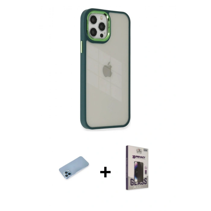 MARSİLYAN™- iPhone 12 Pro Max Kılıf Eksen Doku Prime - Siyah Bilvis Hayalet Cam Ekran Koruyucu + Shine Kamera Lens Koruma Cam - MI