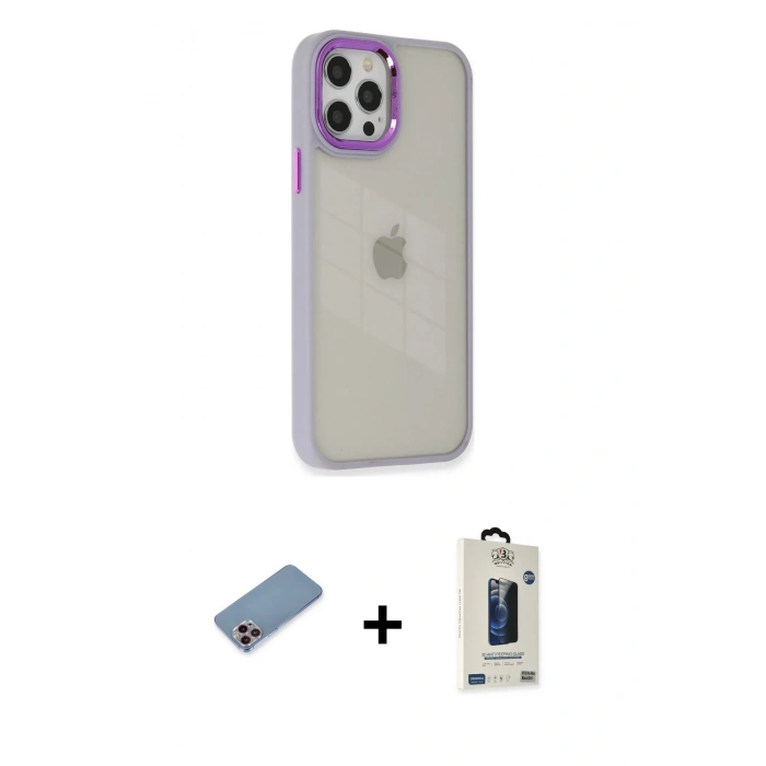 MARSİLYAN™- iPhone 12 Pro Max Kılıf Eksen Doku Prime - Siyah Bilvis Hayalet Cam Ekran Koruyucu + Shine Kamera Lens Koruma Cam - PE