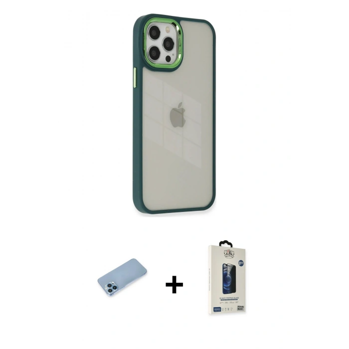 MARSİLYAN™- iPhone 12 Pro Max Kılıf Eksen Doku Prime - Siyah Bilvis Hayalet Cam Ekran Koruyucu + Shine Kamera Lens Koruma Cam - MI