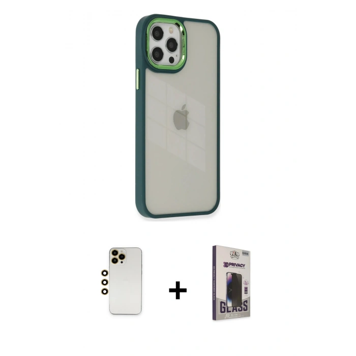MARSİLYAN™- iPhone 12 Pro Max Kılıf Eksen Doku Prime - Siyah Bilvis Hayalet Cam Ekran Koruyucu + Shine Kamera Lens - GD
