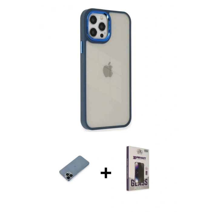 MARSİLYAN™- iPhone 12 Pro Max Kılıf Eksen Doku Prime - Siyah Bilvis Hayalet Cam Ekran Koruyucu + Shine Kamera Lens Koruma Cam - SH
