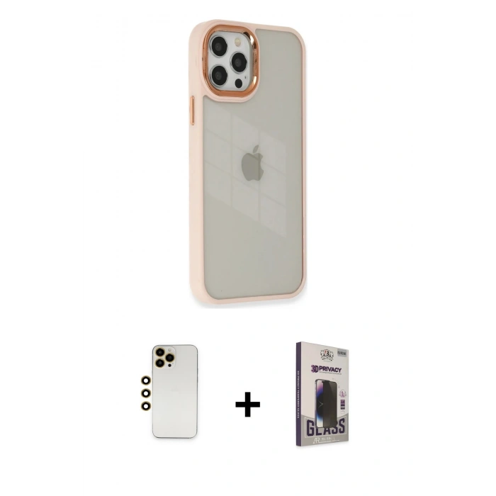 MARSİLYAN™- iPhone 12 Pro Max Kılıf Eksen Doku Prime - Siyah Bilvis Hayalet Cam Ekran Koruyucu + Shine Kamera Lens - GD