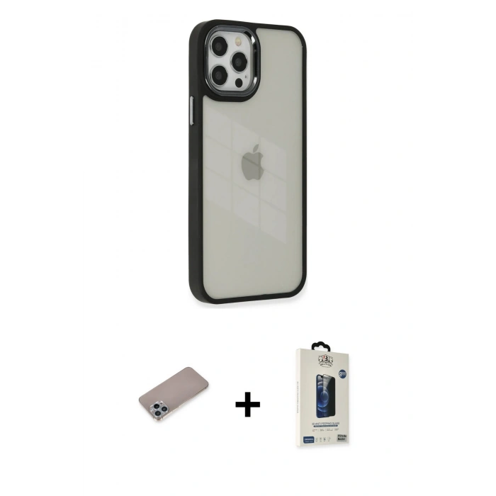MARSİLYAN™- iPhone 12 Pro Max Kılıf Eksen Doku Prime - Siyah Bilvis Hayalet Cam Ekran Koruyucu + Sierra Blue Shine Kamera Lens Koruma Cam