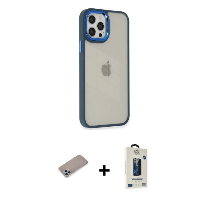 MARSİLYAN™- iPhone 12 Pro Max Kılıf Eksen Doku Prime - Siyah Bilvis Hayalet Cam Ekran Koruyucu + Sierra Blue Shine Kamera Lens Koruma Cam