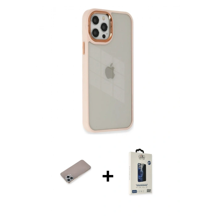 MARSİLYAN™- iPhone 12 Pro Max Kılıf Eksen Doku Prime - Siyah Bilvis Hayalet Cam Ekran Koruyucu + Sierra Blue Shine Kamera Lens Koruma Cam