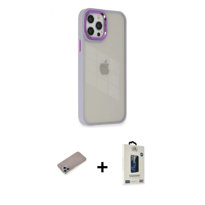 MARSİLYAN™- iPhone 12 Pro Max Kılıf Eksen Doku Prime - Siyah Bilvis Hayalet Cam Ekran Koruyucu + Sierra Blue Shine Kamera Lens Koruma Cam