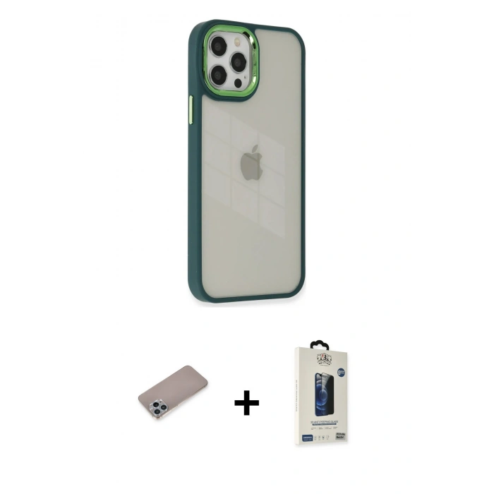 MARSİLYAN™- iPhone 12 Pro Max Kılıf Eksen Doku Prime - Siyah Bilvis Hayalet Cam Ekran Koruyucu + Sierra Blue Shine Kamera Lens Koruma Cam