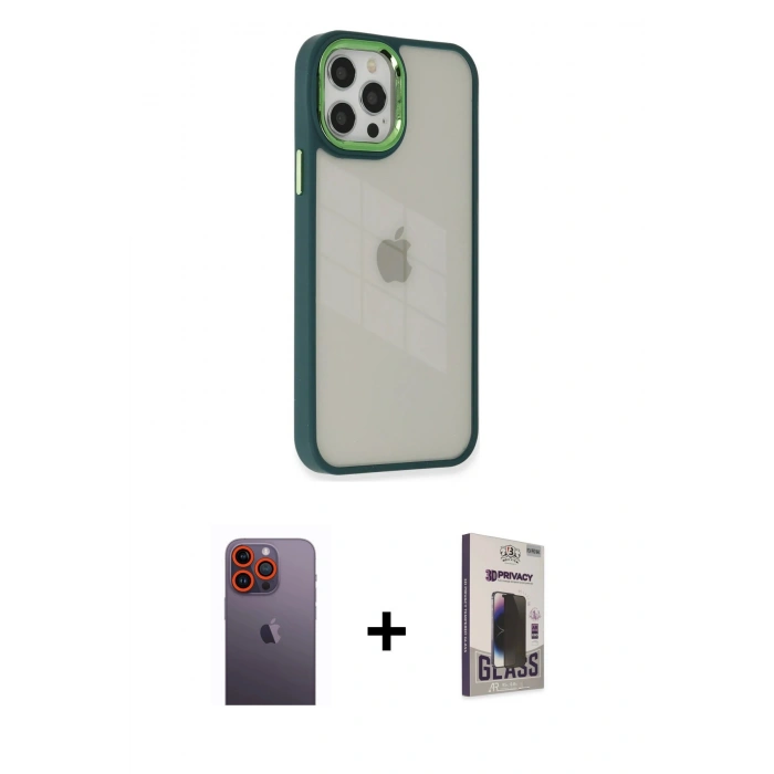 MARSİLYAN™- iPhone 12 Pro Max Kılıf Eksen Doku Prime - Siyah Bilvis Hayalet Cam Ekran Koruyucu + Neon Fosforlu Kamera Lens - TU