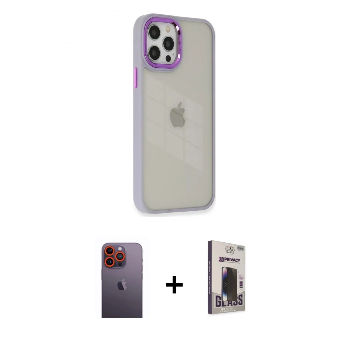 MARSİLYAN™- iPhone 12 Pro Max Kılıf Eksen Doku Prime - Siyah Bilvis Hayalet Cam Ekran Koruyucu + Neon Fosforlu Kamera Lens - TU