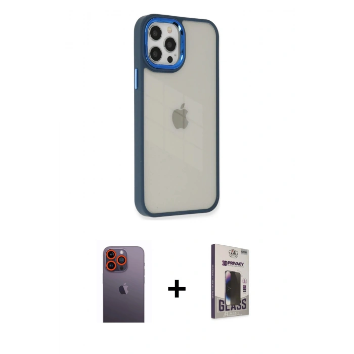 MARSİLYAN™- iPhone 12 Pro Max Kılıf Eksen Doku Prime - Siyah Bilvis Hayalet Cam Ekran Koruyucu + Neon Fosforlu Kamera Lens - TU