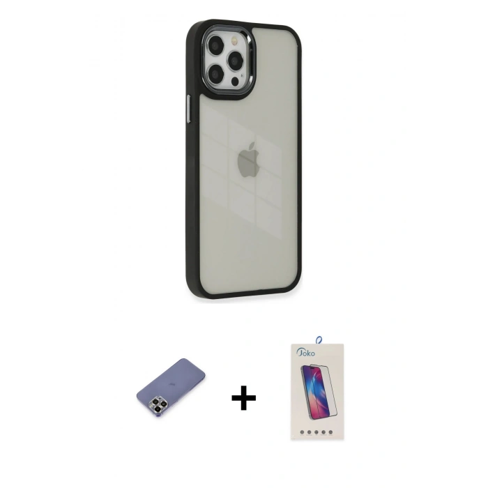 MARSİLYAN™- iPhone 12 Pro Max Kılıf Eksen Doku Prime - Siyah Joko 5D Cam + Gold Metal Kamera Lens Koruma Cam