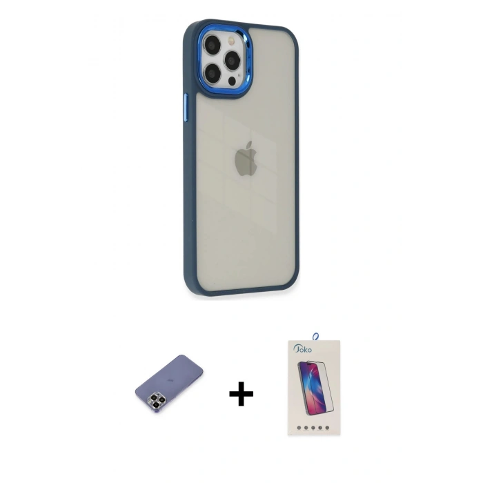 MARSİLYAN™- iPhone 12 Pro Max Kılıf Eksen Doku Prime - Siyah Joko 5D Cam + Gold Metal Kamera Lens Koruma Cam