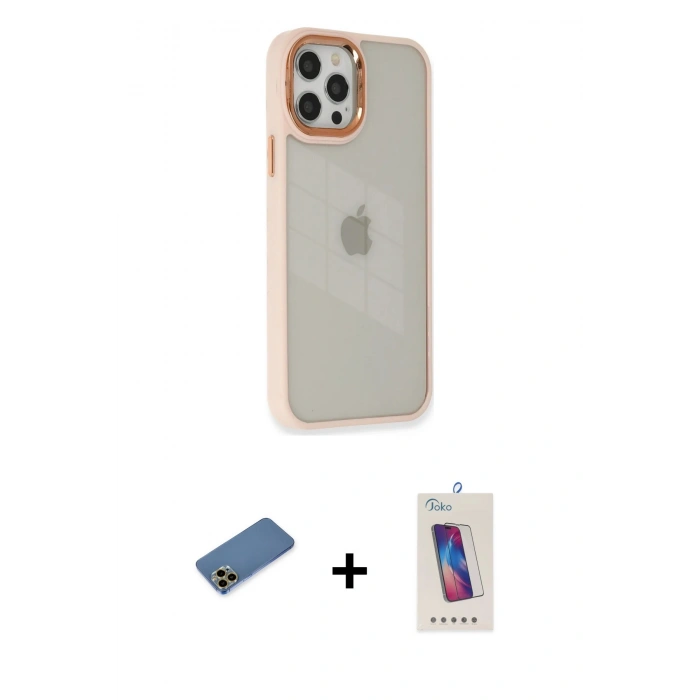MARSİLYAN™- iPhone 12 Pro Max Kılıf Eksen Doku Prime - Siyah Joko 5D Cam + Gold Shine Kamera Lens Koruma Cam