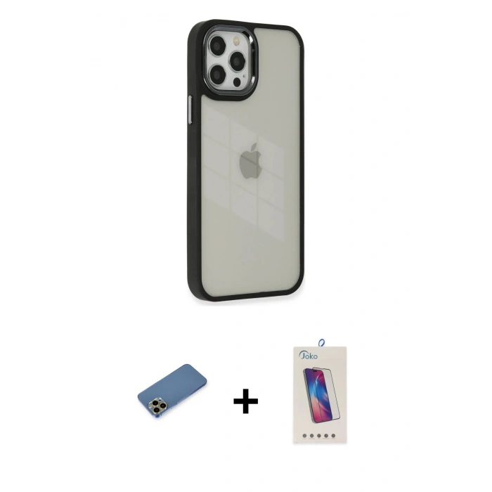 MARSİLYAN™- iPhone 12 Pro Max Kılıf Eksen Doku Prime - Siyah Joko 5D Cam + Gold Shine Kamera Lens Koruma Cam