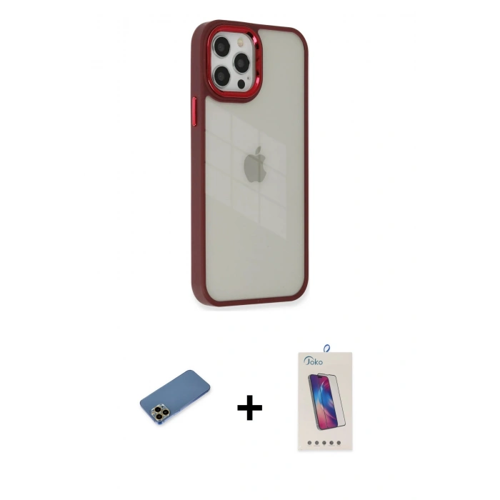 MARSİLYAN™- iPhone 12 Pro Max Kılıf Eksen Doku Prime - Siyah Joko 5D Cam + Gold Shine Kamera Lens Koruma Cam
