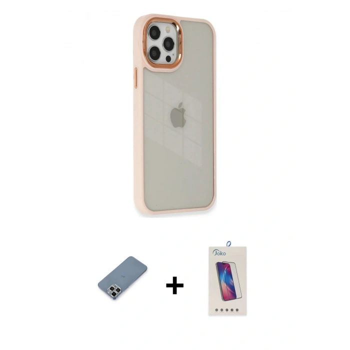 MARSİLYAN™- iPhone 12 Pro Max Kılıf Eksen Doku Prime - Siyah Joko 5D Cam + Gümüş Metal Kamera Lens Koruma Cam