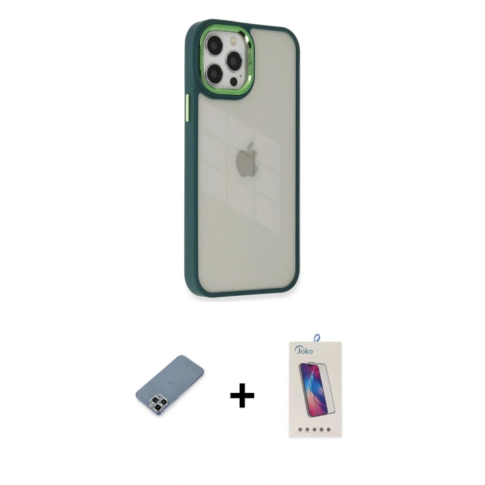 MARSİLYAN™- iPhone 12 Pro Max Kılıf Eksen Doku Prime - Siyah Joko 5D Cam + Gümüş Metal Kamera Lens Koruma Cam