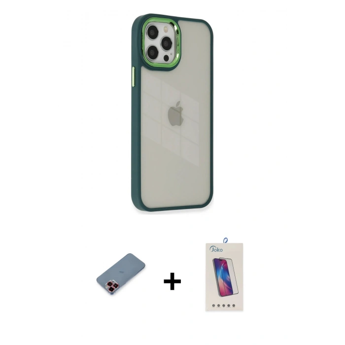 MARSİLYAN™- iPhone 12 Pro Max Kılıf Eksen Doku Prime - Siyah Joko 5D Cam + Metal Kamera Lens Koruma Cam - KI