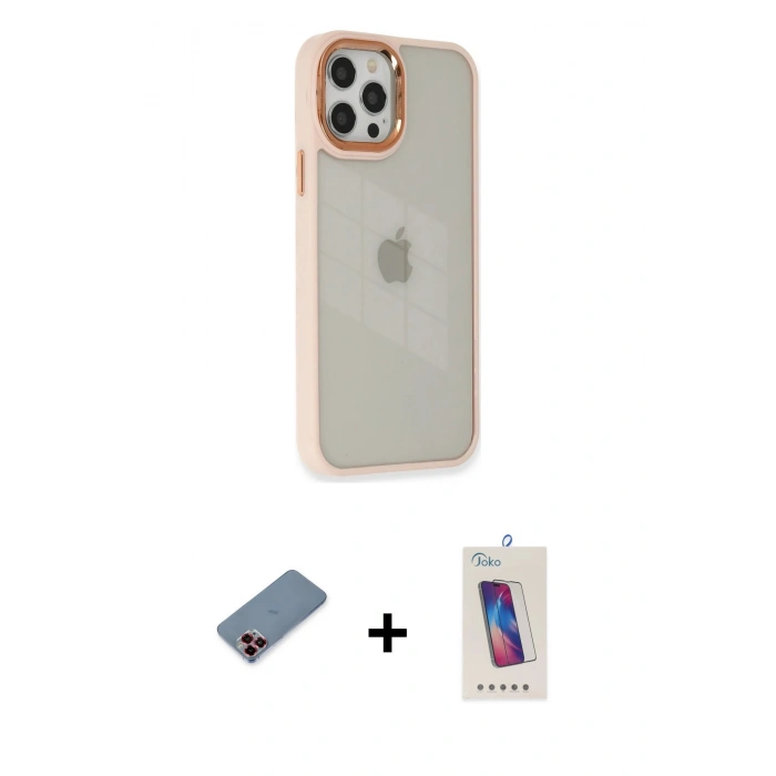 MARSİLYAN™- iPhone 12 Pro Max Kılıf Eksen Doku Prime - Siyah Joko 5D Cam + Metal Kamera Lens Koruma Cam - KI