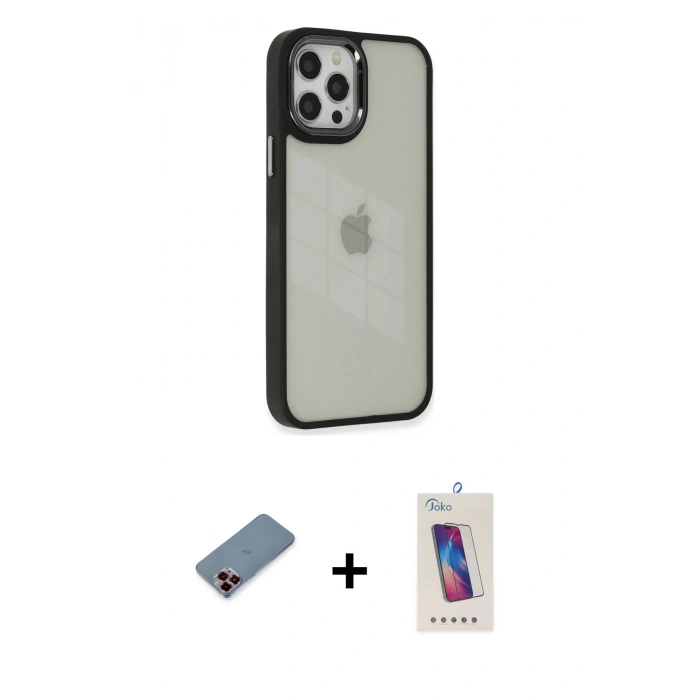 MARSİLYAN™- iPhone 12 Pro Max Kılıf Eksen Doku Prime - Siyah Joko 5D Cam + Metal Kamera Lens Koruma Cam - KI
