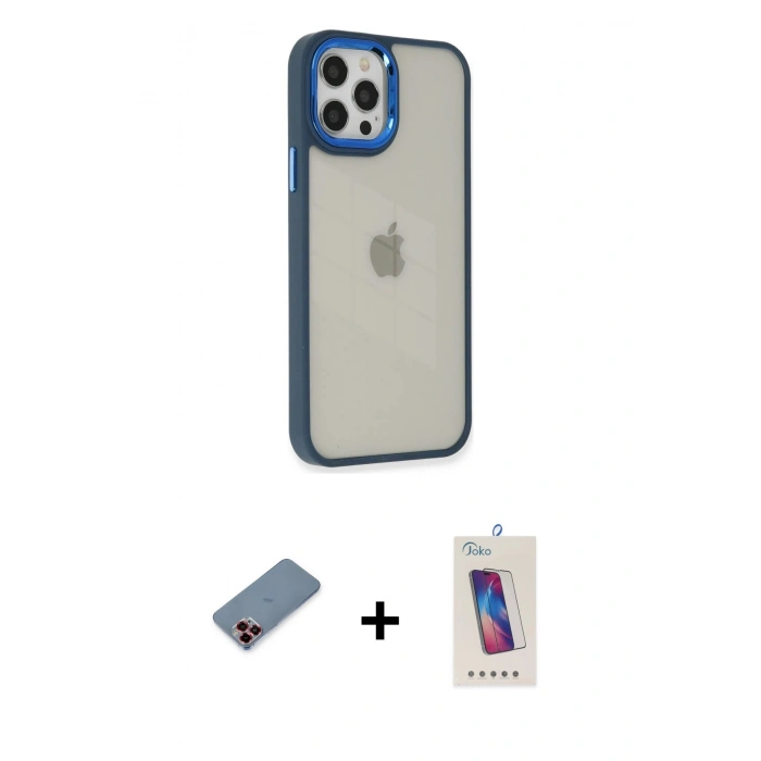 MARSİLYAN™- iPhone 12 Pro Max Kılıf Eksen Doku Prime - Siyah Joko 5D Cam + Metal Kamera Lens Koruma Cam - KI