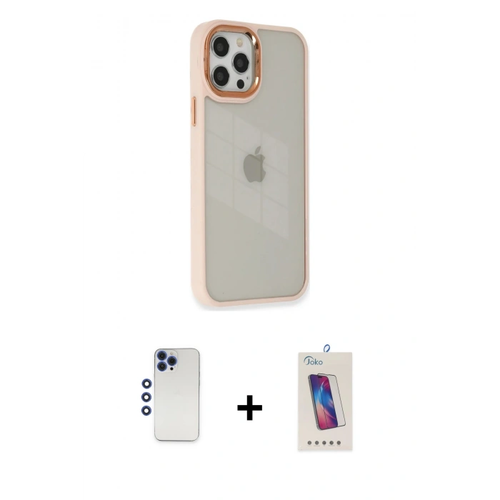 MARSİLYAN™- iPhone 12 Pro Max Kılıf Eksen Doku Prime - Siyah Joko 5D Cam + Shine Kamera Lens - LT