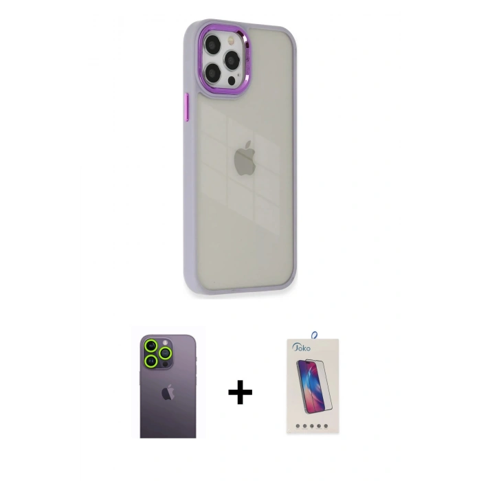 MARSİLYAN™- iPhone 12 Pro Max Kılıf Eksen Doku Prime - Siyah Joko 5D Cam + Neon Fosforlu Kamera Lens - YL