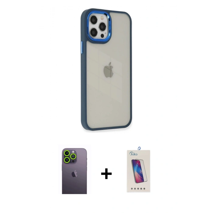 MARSİLYAN™- iPhone 12 Pro Max Kılıf Eksen Doku Prime - Siyah Joko 5D Cam + Neon Fosforlu Kamera Lens - YL