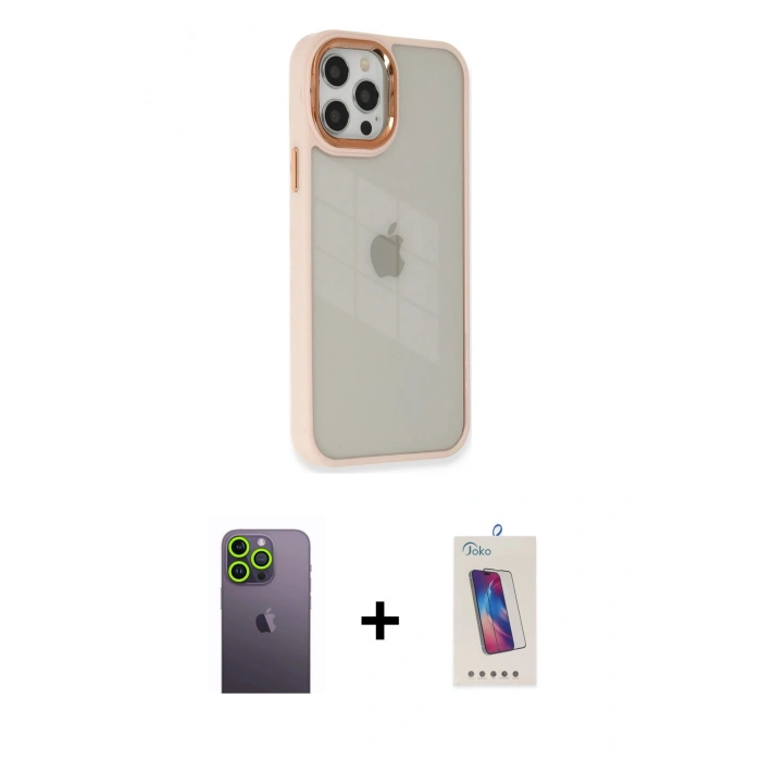 MARSİLYAN™- iPhone 12 Pro Max Kılıf Eksen Doku Prime - Siyah Joko 5D Cam + Neon Fosforlu Kamera Lens - YL