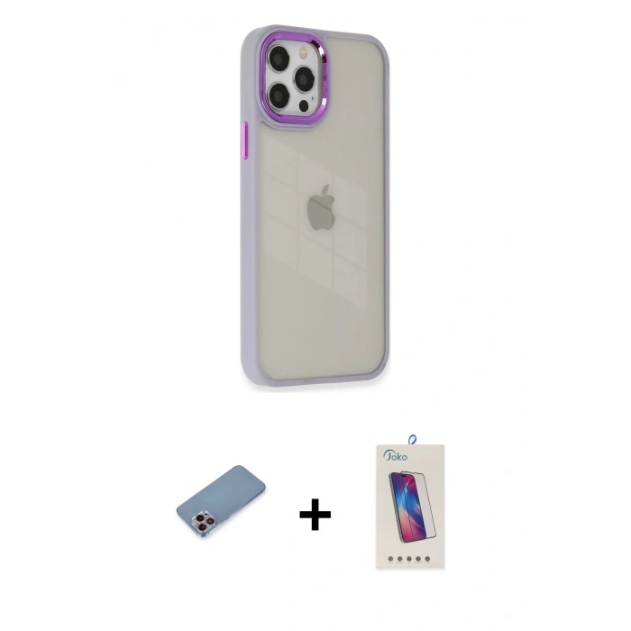 MARSİLYAN™- iPhone 12 Pro Max Kılıf Eksen Doku Prime - Siyah Joko 5D Cam + Shine Kamera Lens Koruma Cam - PE